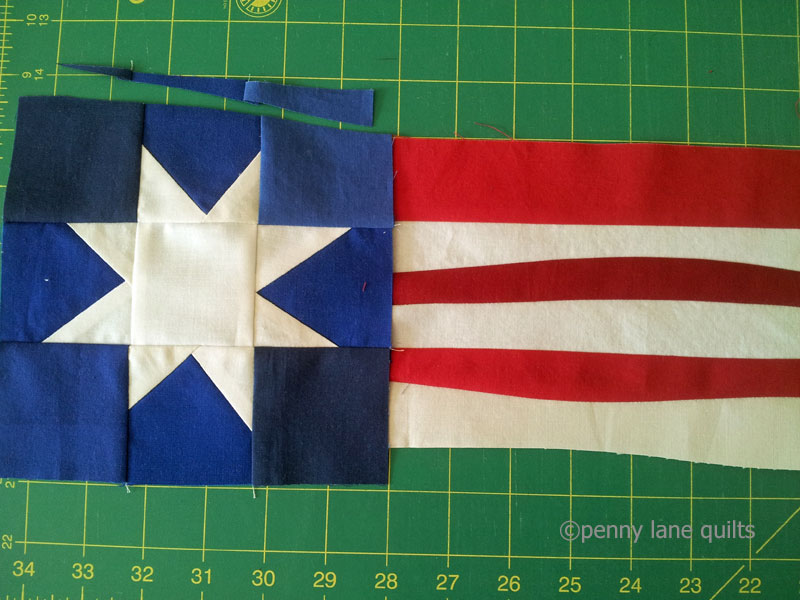 attaching the star block to the stripes 