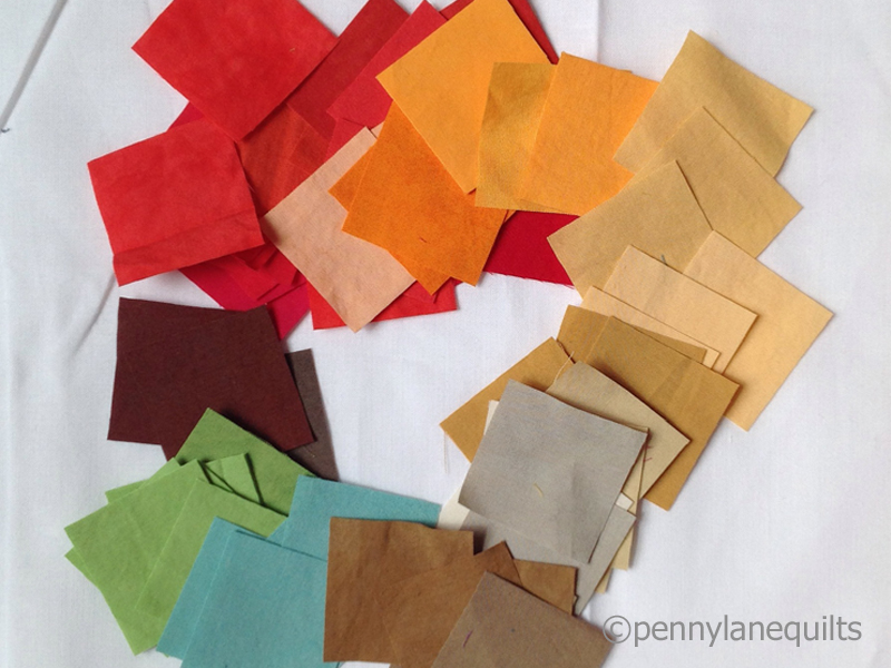 squares of hand dyed fabric