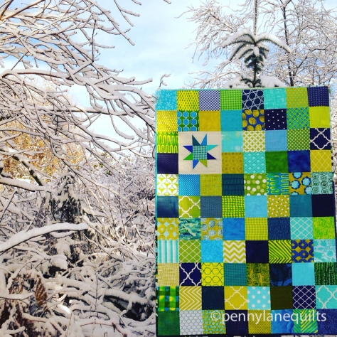 blue and green baby quilt by Marla Varner, penny lane quilts