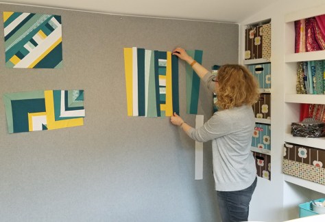 Daniela BlockM Quilts working on psychedelic baby quilt blocks